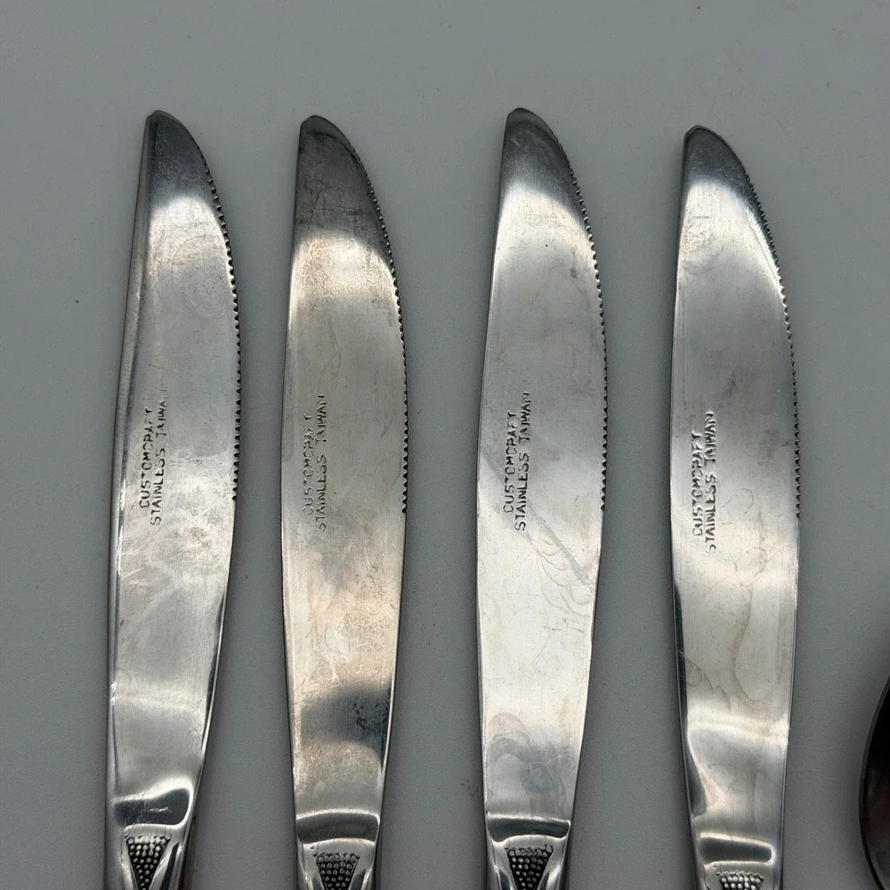 Customcraft Stainless Taiwan Rose Floral Flatware 8pc Set 4 Knives 4 Spoons MCM